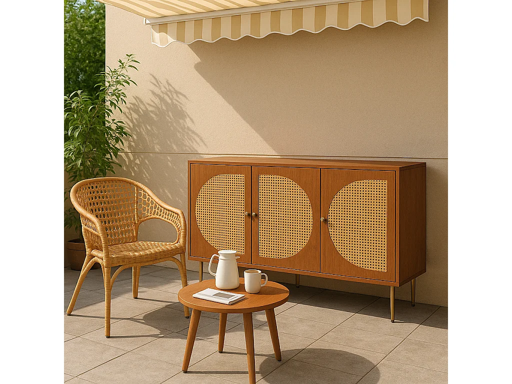 URBAN MEUBLE Buffet effet bois noyer avec 3 portes en rotin poignées pieds dorés 129,8x40x76cm