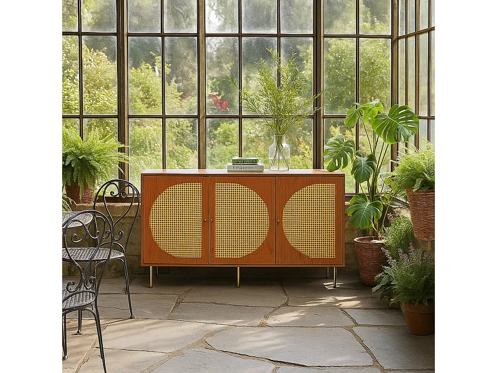 URBAN MEUBLE Buffet effet bois noyer avec 3 portes en rotin poignées pieds dorés 129,8x40x76cm