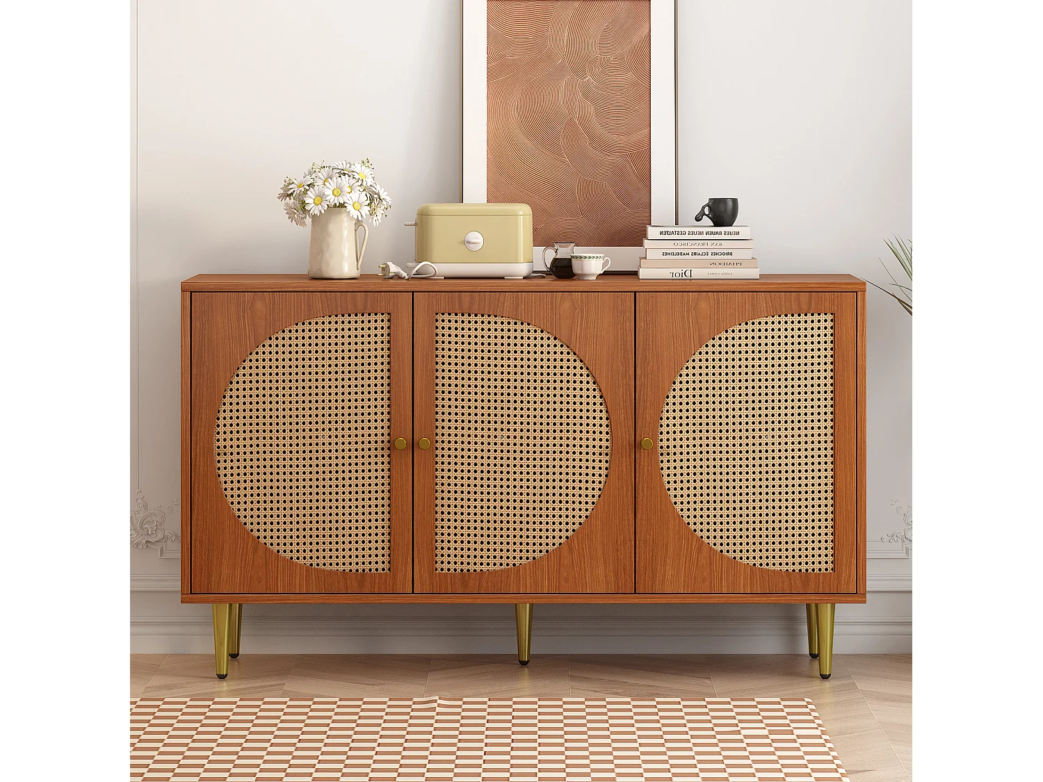 URBAN MEUBLE Buffet effet bois noyer avec 3 portes en rotin poignées pieds dorés 129,8x40x76cm