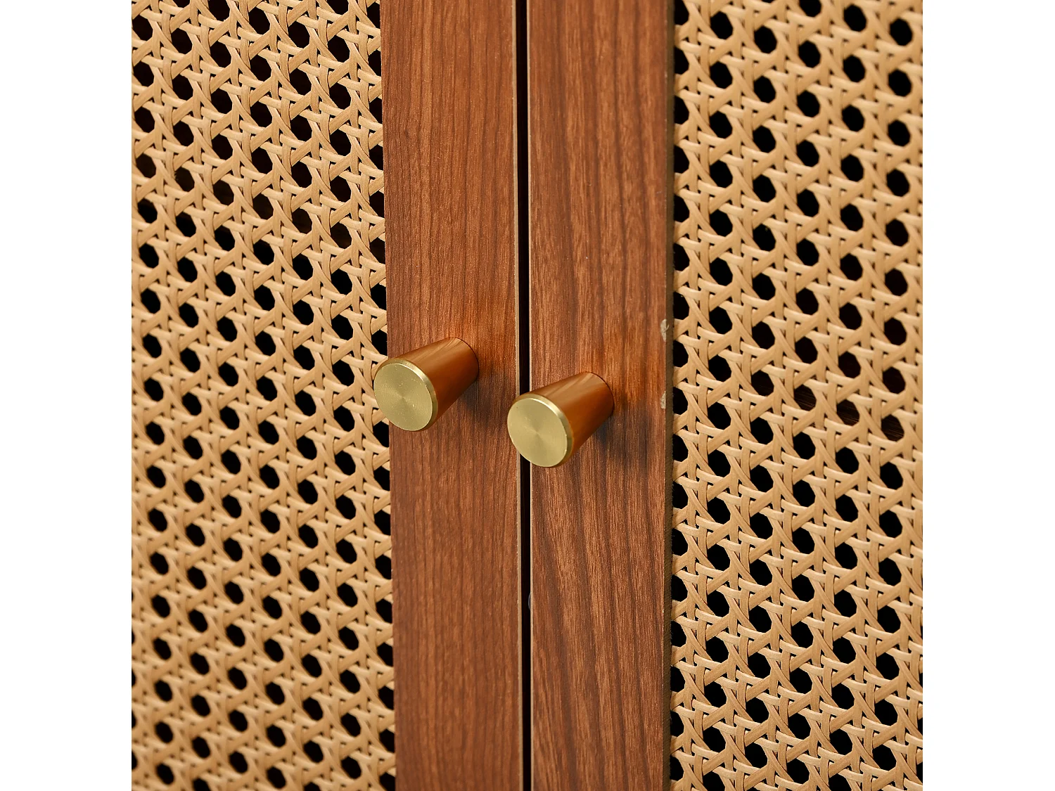 URBAN MEUBLE Buffet effet bois noyer avec 3 portes en rotin poignées pieds dorés 129,8x40x76cm
