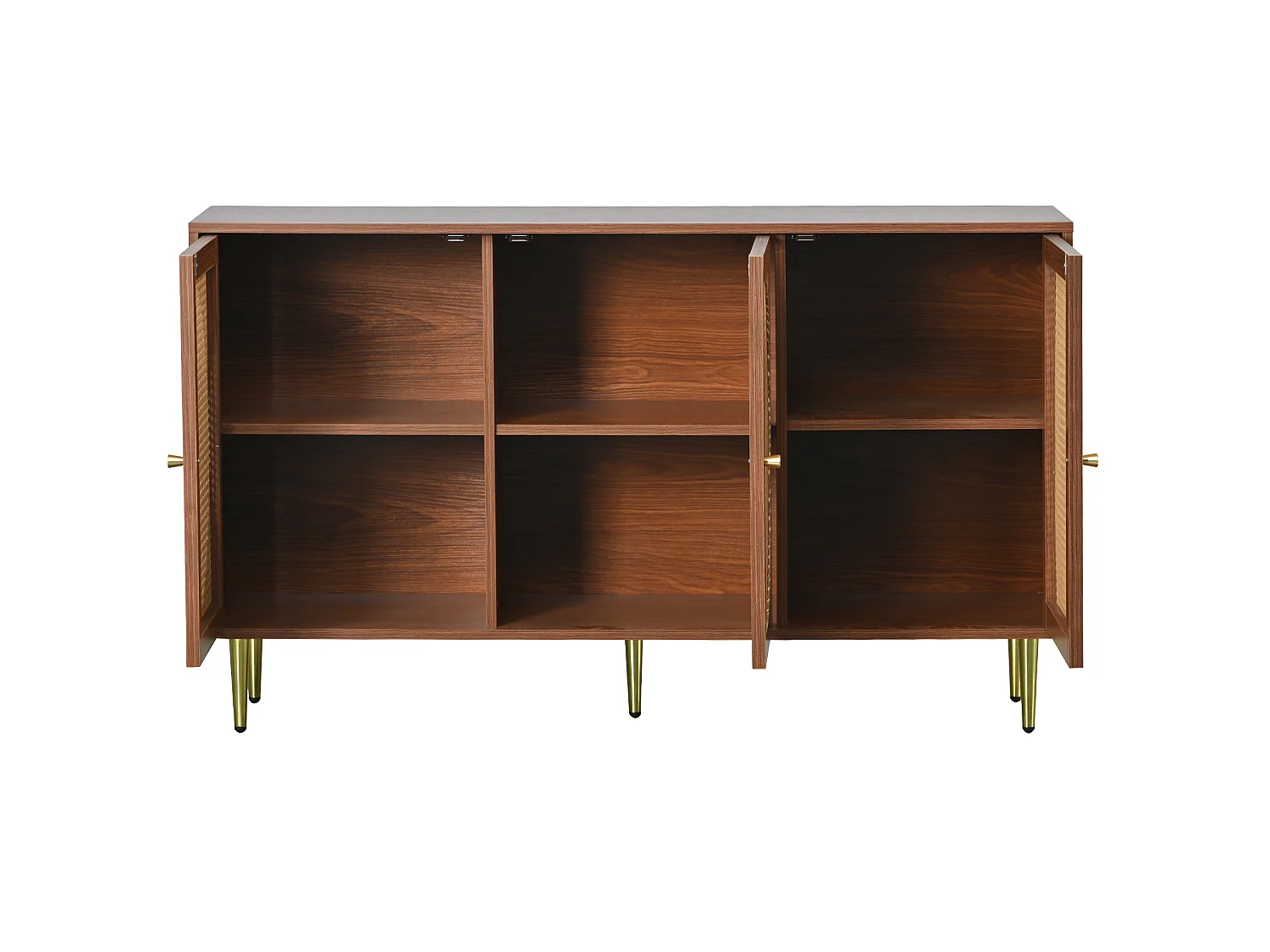 URBAN MEUBLE Buffet effet bois noyer avec 3 portes en rotin poignées pieds dorés 129,8x40x76cm