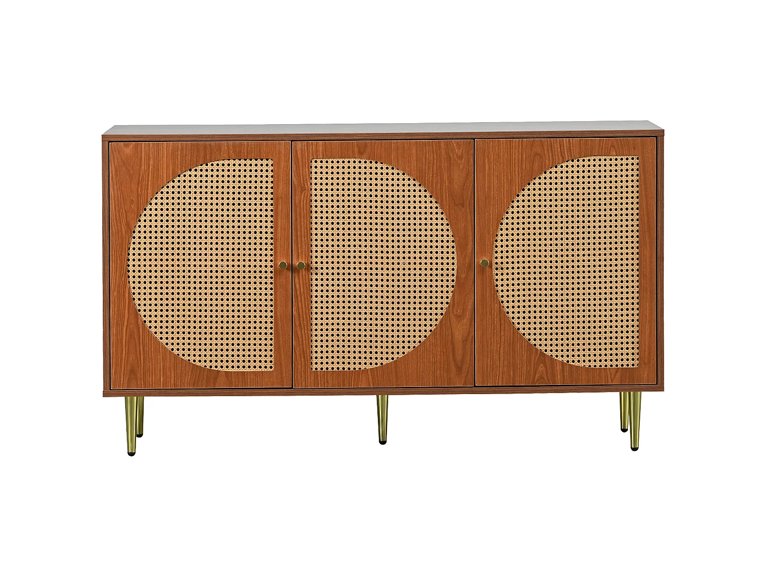 URBAN MEUBLE Buffet effet bois noyer avec 3 portes en rotin poignées pieds dorés 129,8x40x76cm