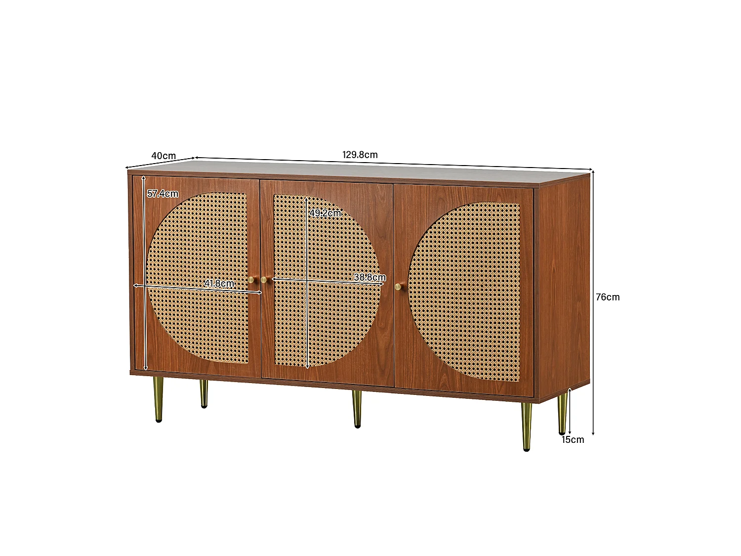 URBAN MEUBLE Buffet effet bois noyer avec 3 portes en rotin poignées pieds dorés 129,8x40x76cm