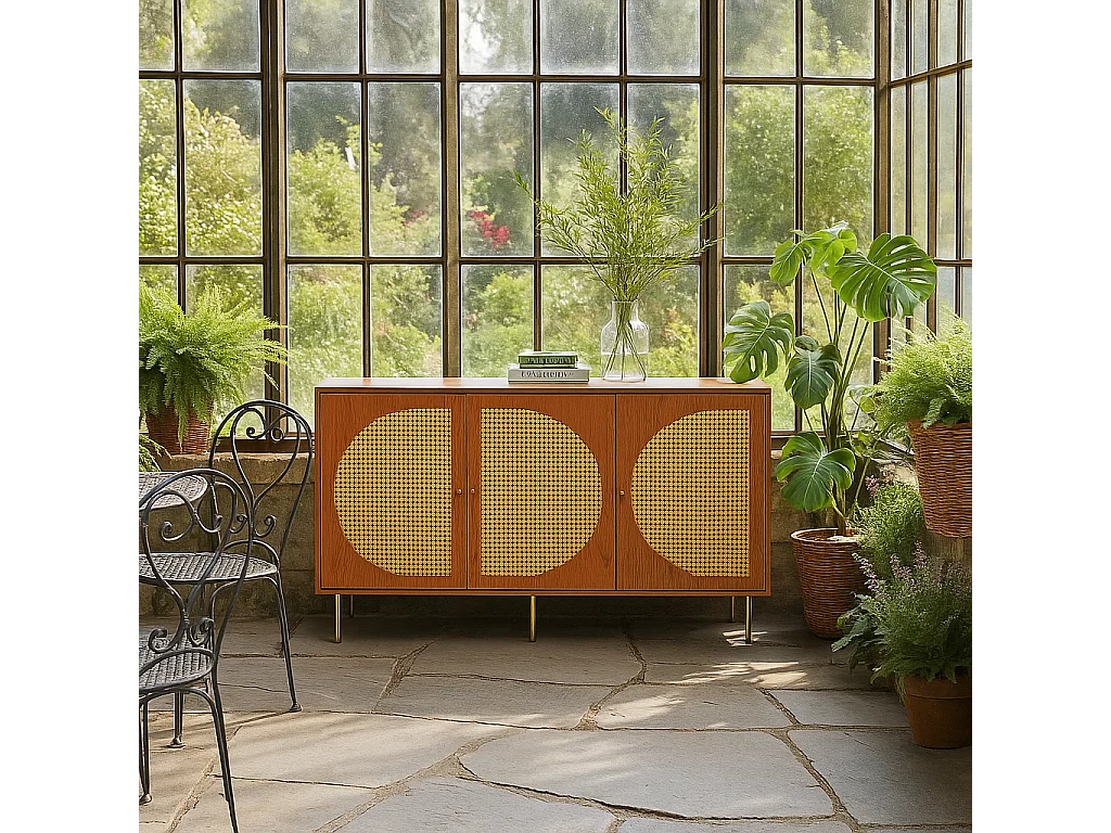 URBAN MEUBLE Buffet effet bois noyer avec 3 portes en rotin poignées pieds dorés 129,8x40x76cm