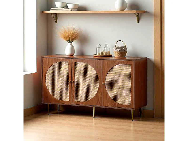 URBAN MEUBLE Buffet effet bois noyer avec 3 portes en rotin poignées pieds dorés 129,8x40x76cm