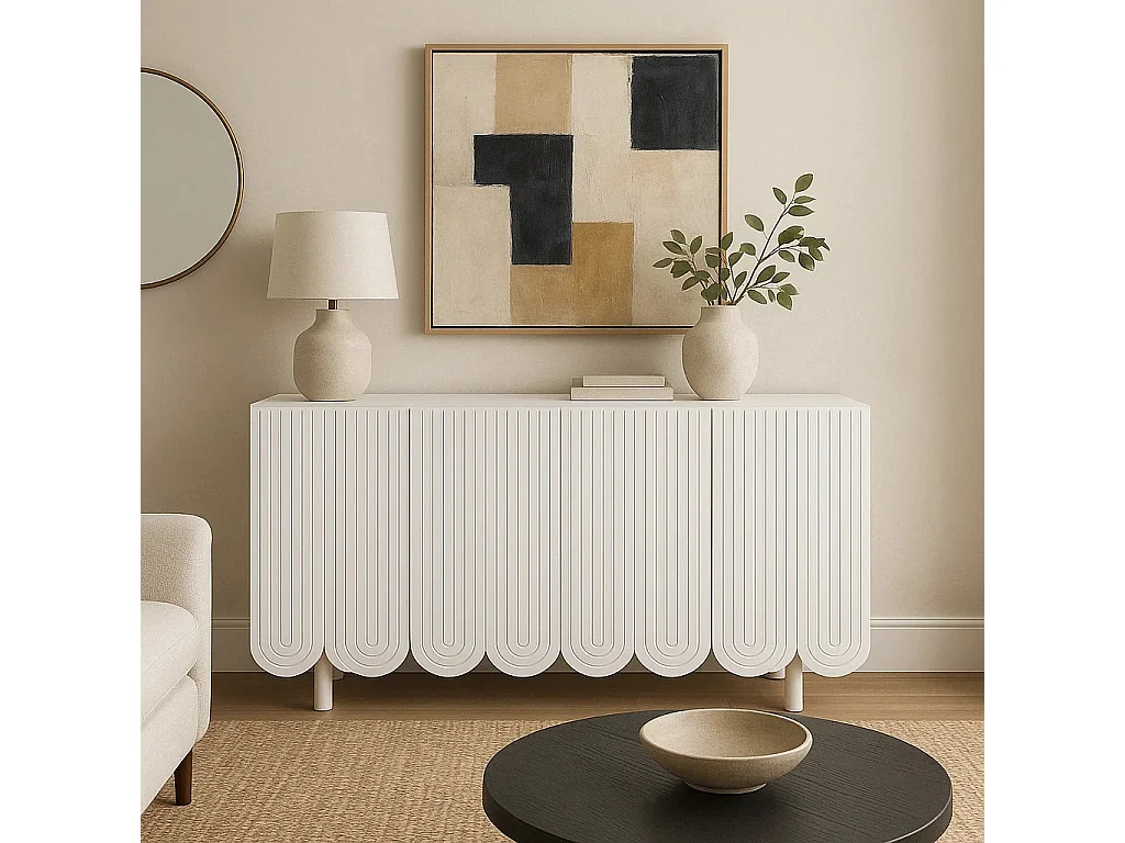 URBAN MEUBLE Buffet blanc 4 portes avec motif et rangement 120*37.5*80.8 cm