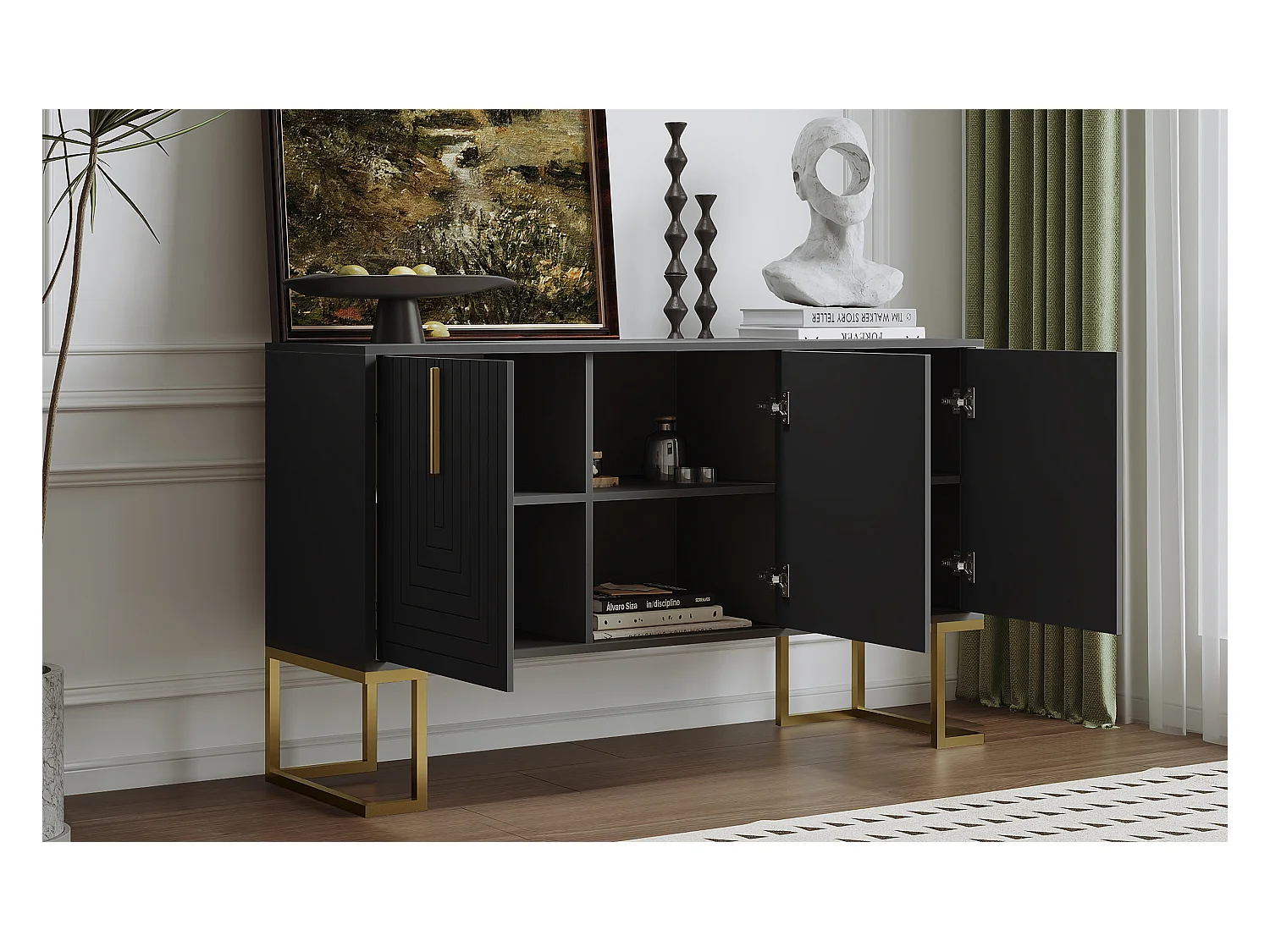 URBAN MEUBLE Commode buffet haut avec 3 portes noir mat motif de forme U H81/B138/T40