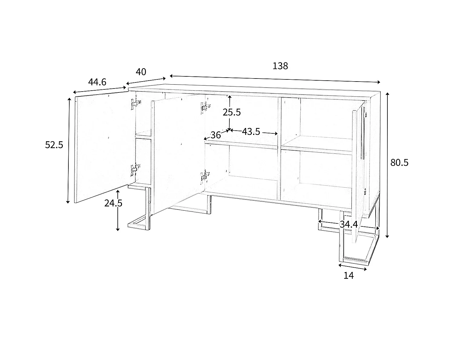 URBAN MEUBLE Commode buffet haut avec 3 portes noir mat motif de forme U H81/B138/T40