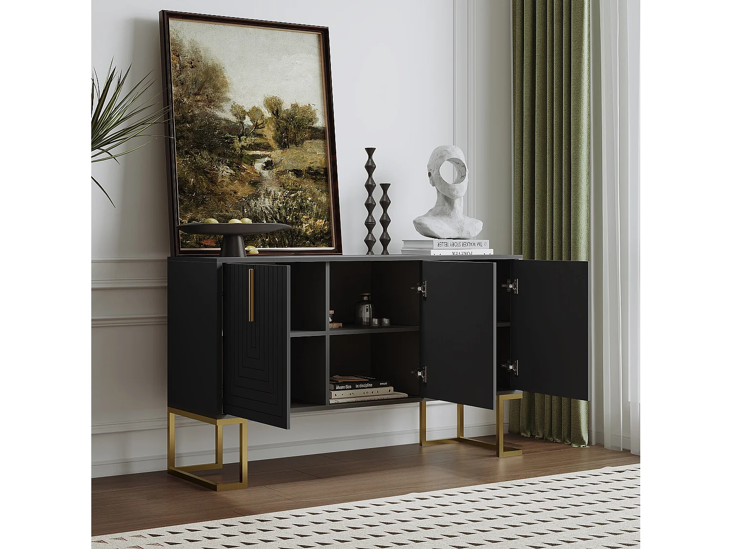 URBAN MEUBLE Commode buffet haut avec 3 portes noir mat motif de forme U H81/B138/T40