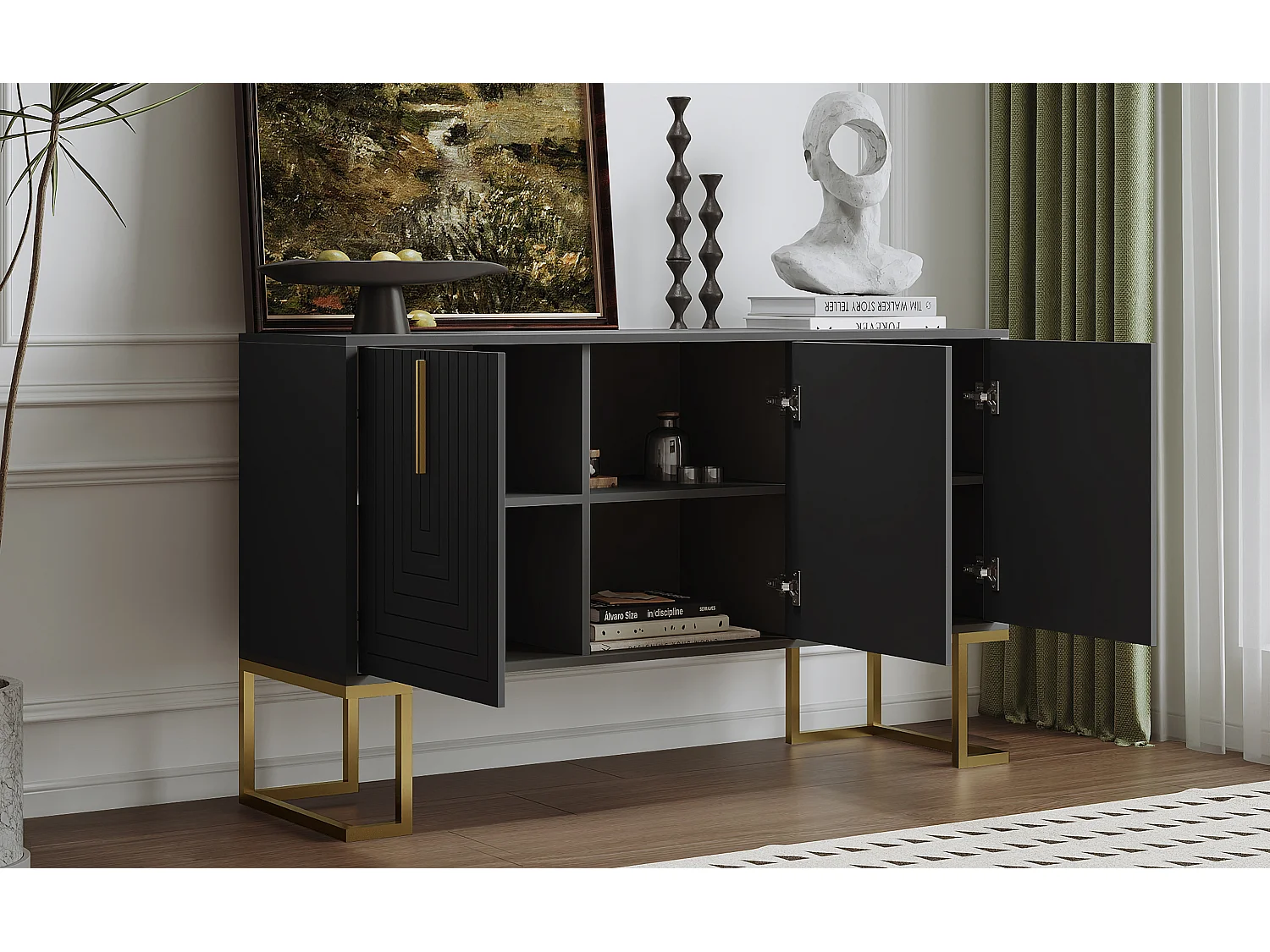 URBAN MEUBLE Commode buffet haut avec 3 portes noir mat motif de forme U H81/B138/T40