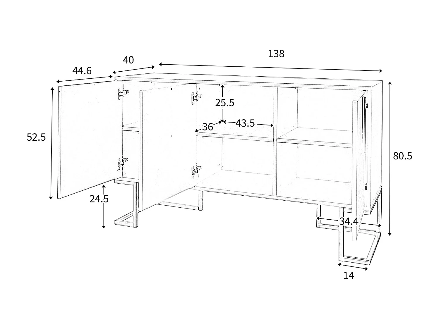 URBAN MEUBLE Commode buffet haut avec 3 portes noir mat motif de forme U H81/B138/T40