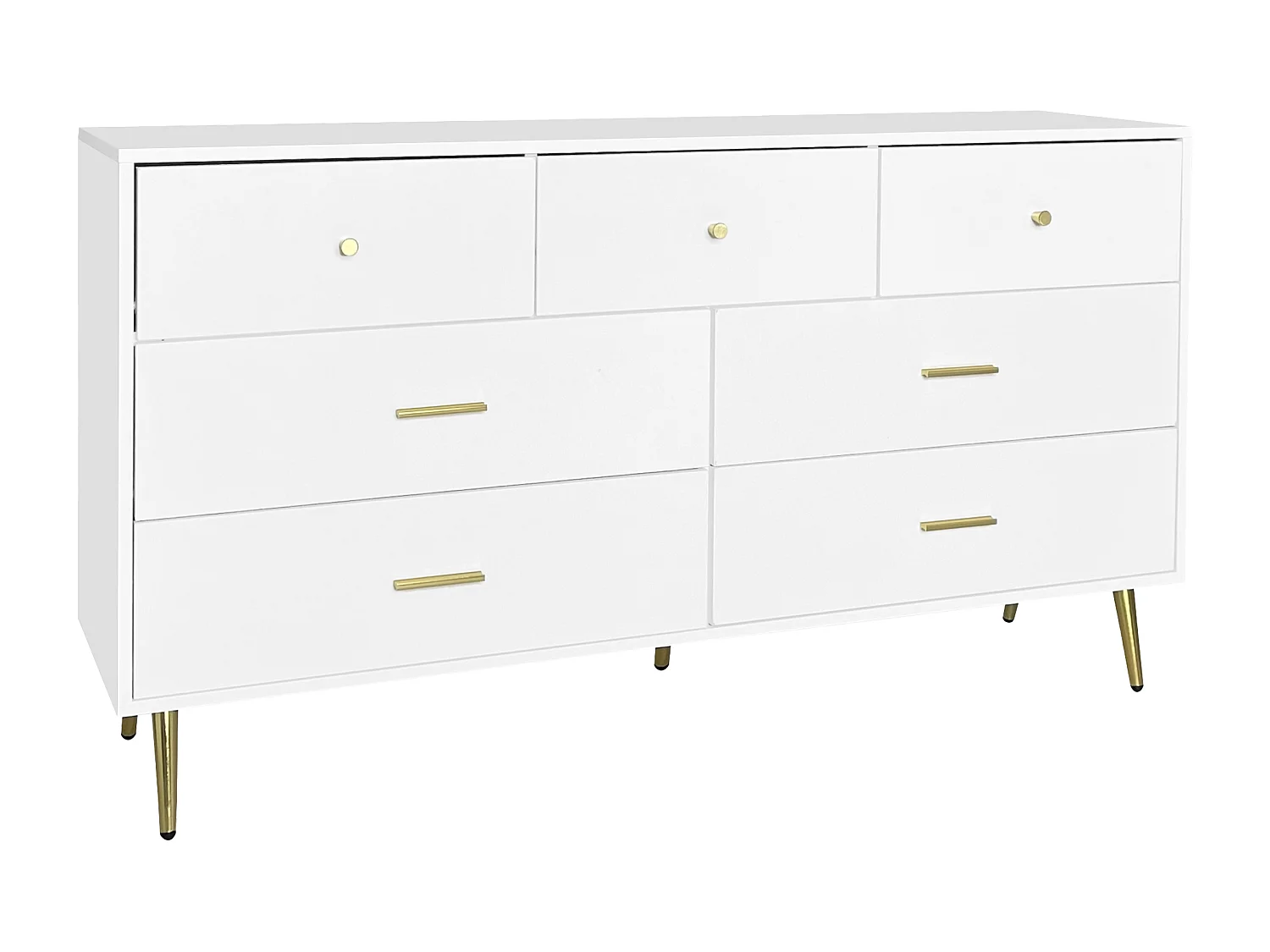 Buffet commode blanc 7 tiroirs poignées et pieds dorées STESQEKS