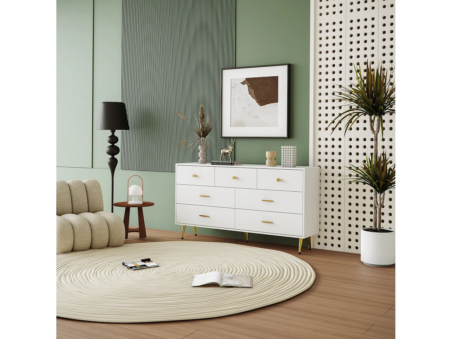 Buffet commode blanc 7 tiroirs poignées et pieds dorées STESQEKS