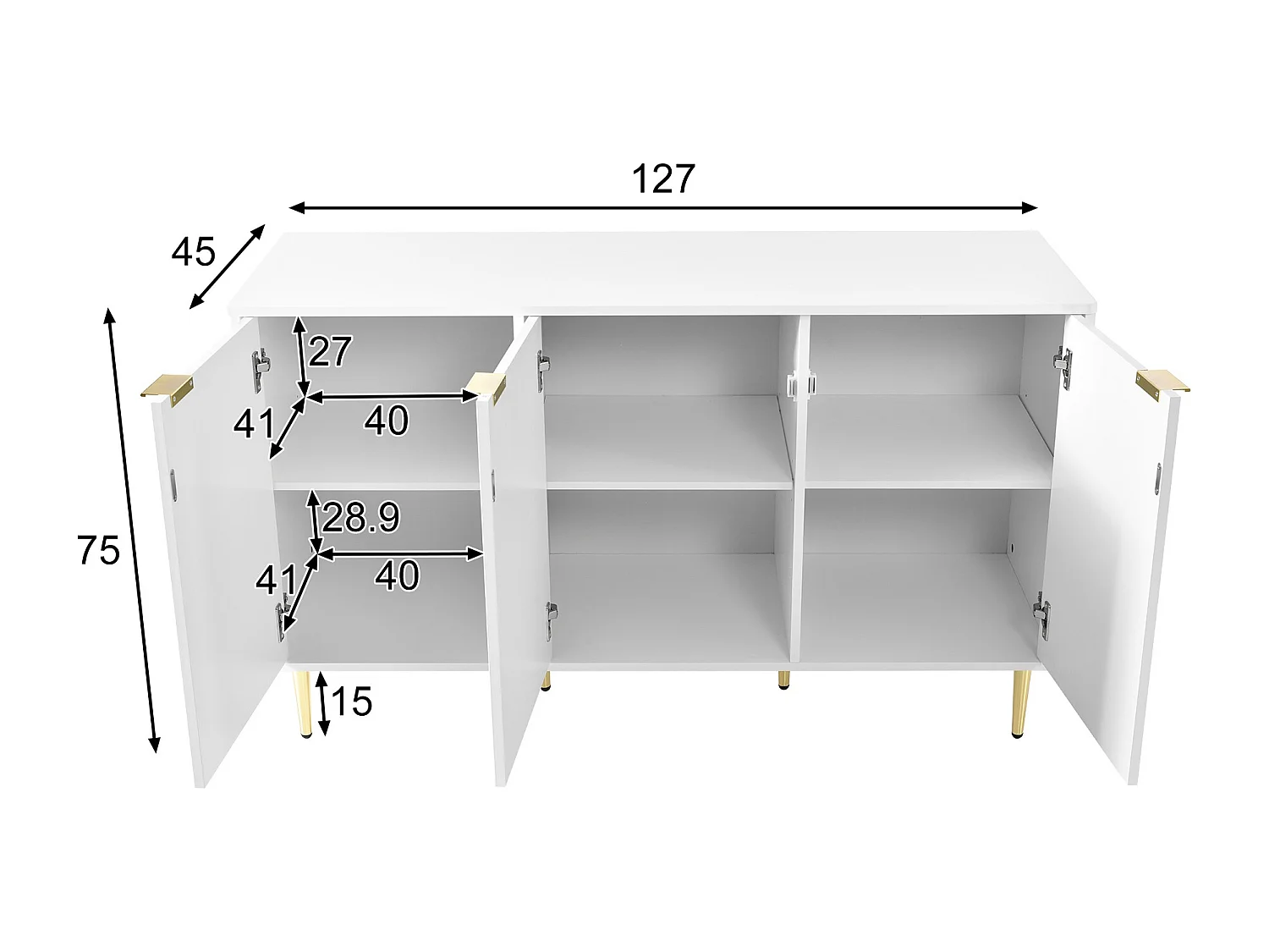 Buffet moderne blanc laqué motif floral pieds et poignées plaqués dorés GRIGAETS