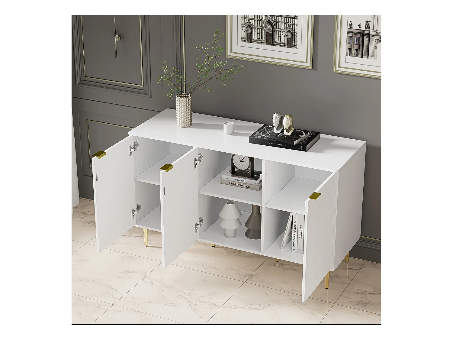 Buffet moderne blanc laqué motif floral pieds et poignées plaqués dorés GRIGAETS