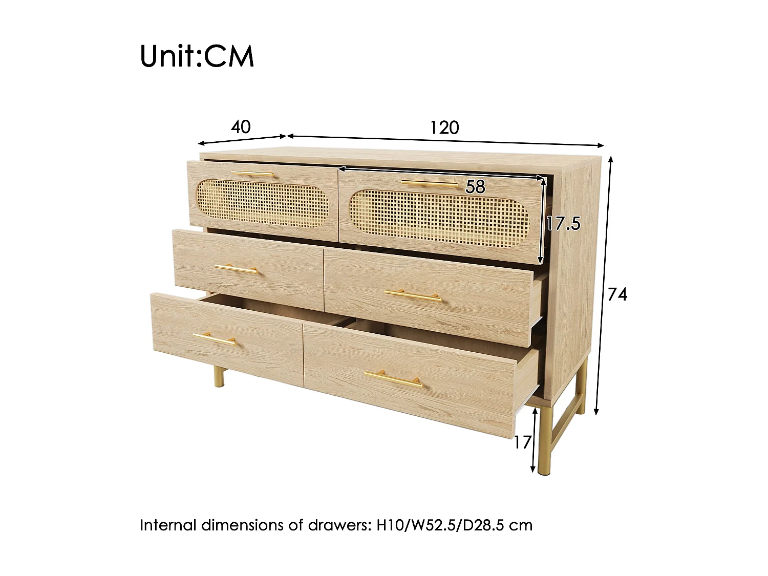 Buffet effet bois chêne en rotin avec 6 tiroirs poignées pieds dorés 120x40x74cm KRUN