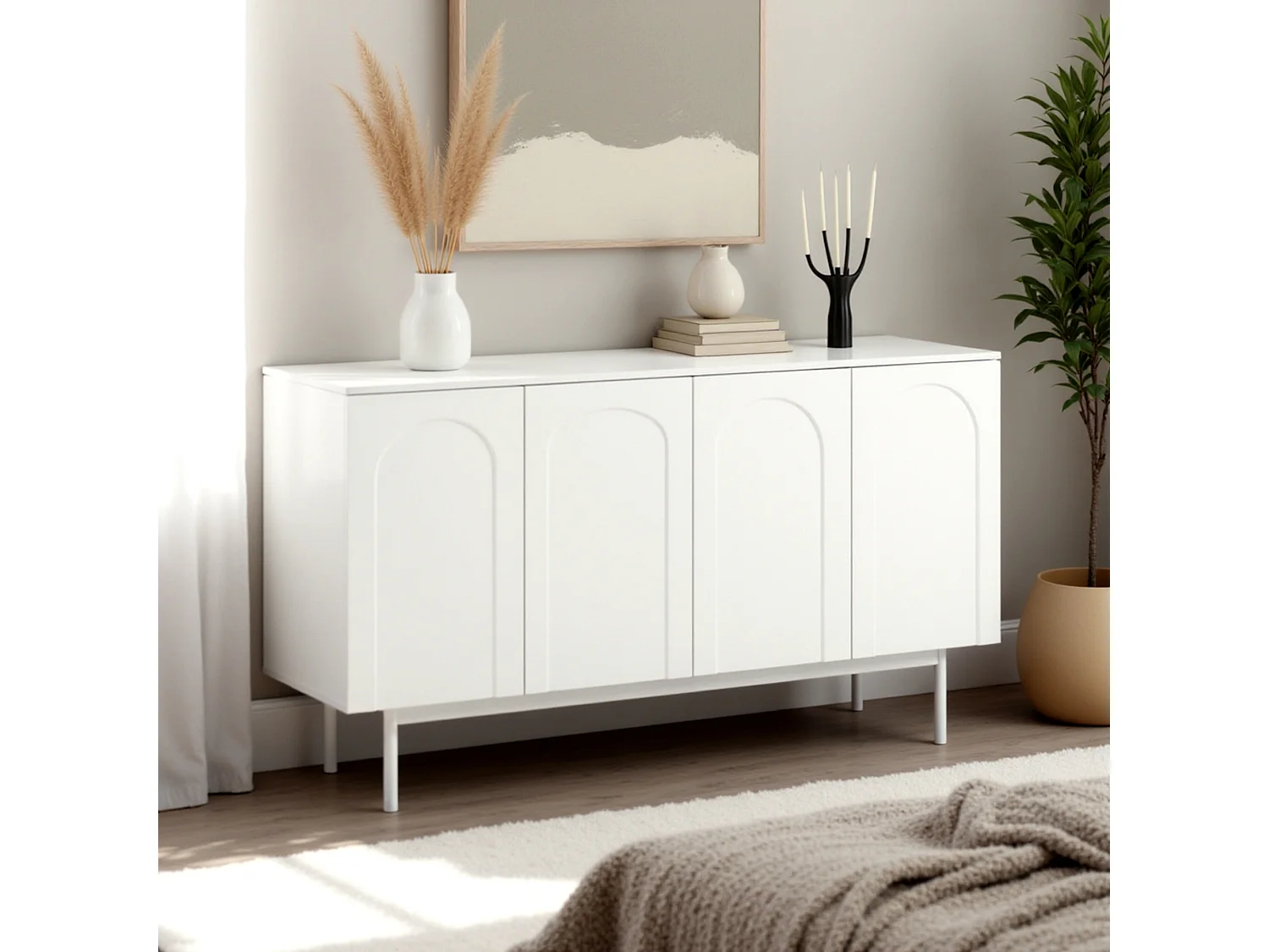 URBAN MEUBLE Buffet moderne blanc motif en arc 4 portes