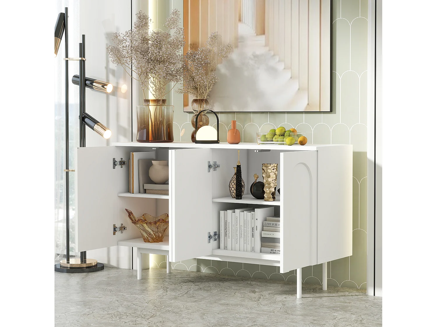 URBAN MEUBLE Buffet moderne blanc motif en arc 4 portes