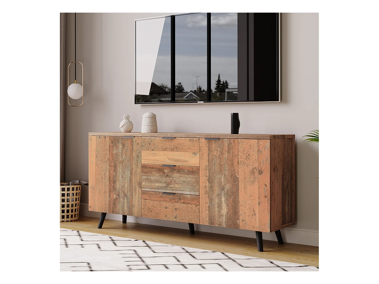 Buffet effet bois vieilli avec étagères réglables 2 portes 3 tiroirs GRANCUK