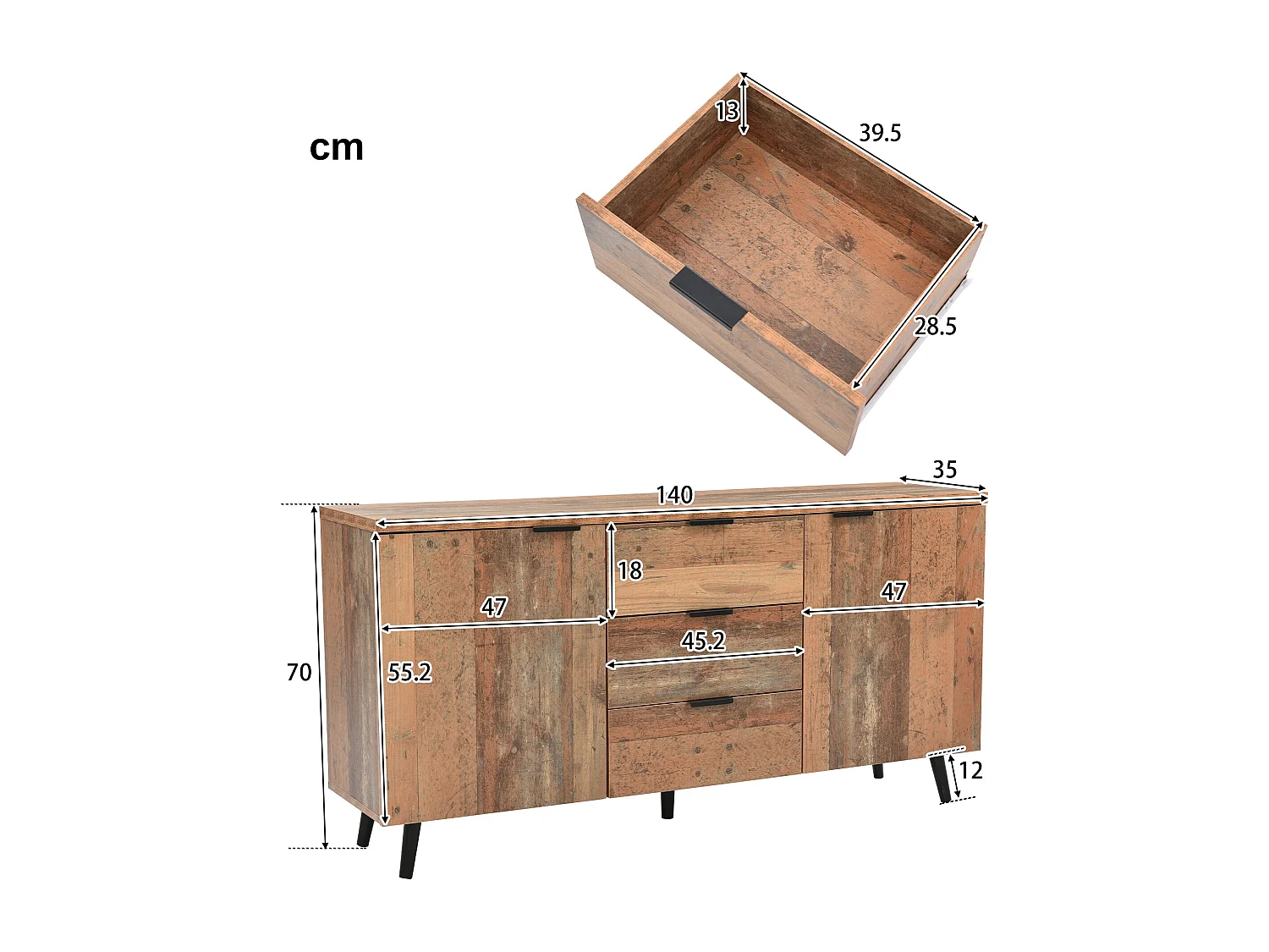 Buffet effet bois vieilli avec étagères réglables 2 portes 3 tiroirs GRANCUK