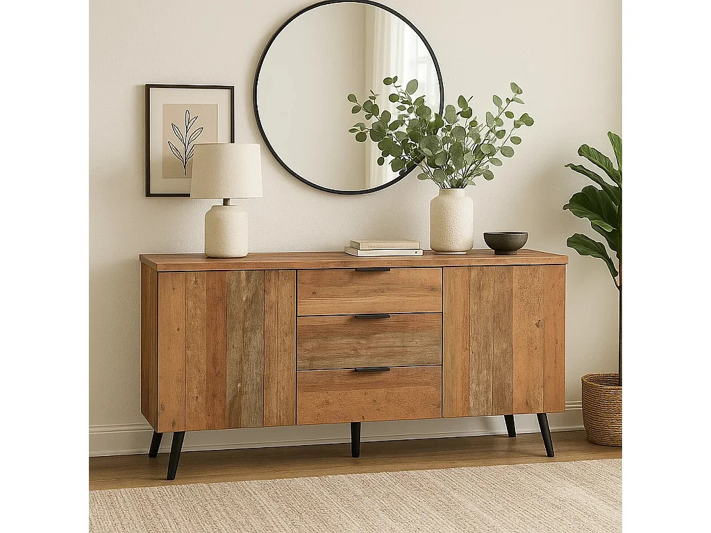 URBAN MEUBLE Buffet effet bois vieilli avec étagères réglables 2 portes 3 tiroirs