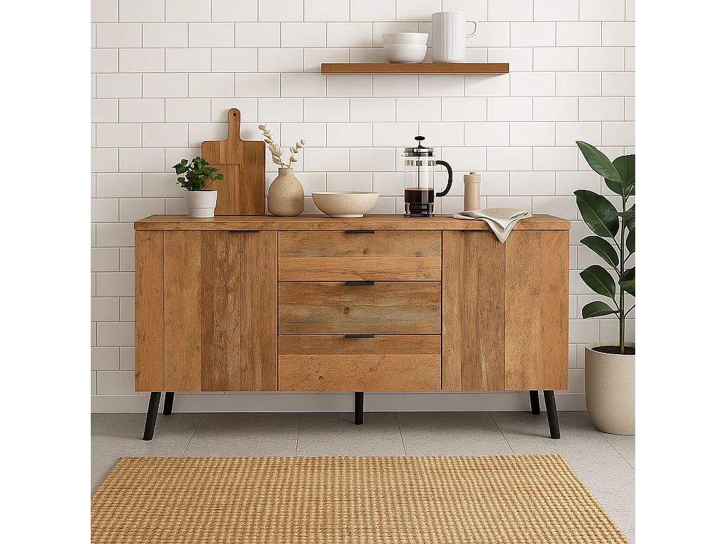 URBAN MEUBLE Buffet effet bois vieilli avec étagères réglables 2 portes 3 tiroirs