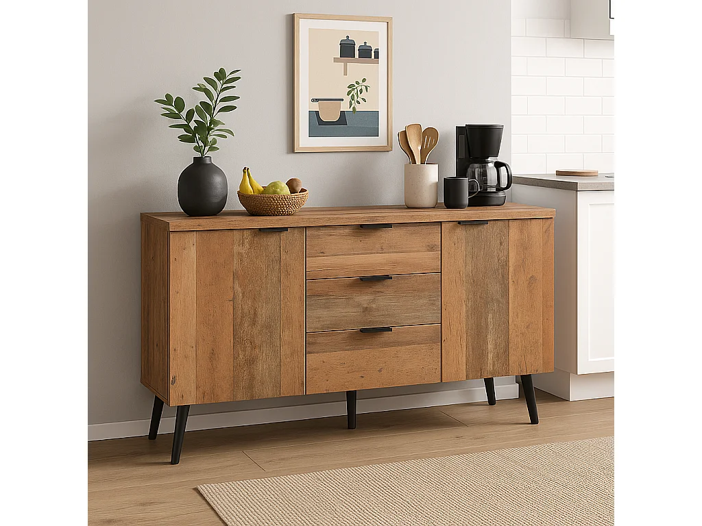 URBAN MEUBLE Buffet effet bois vieilli avec étagères réglables 2 portes 3 tiroirs