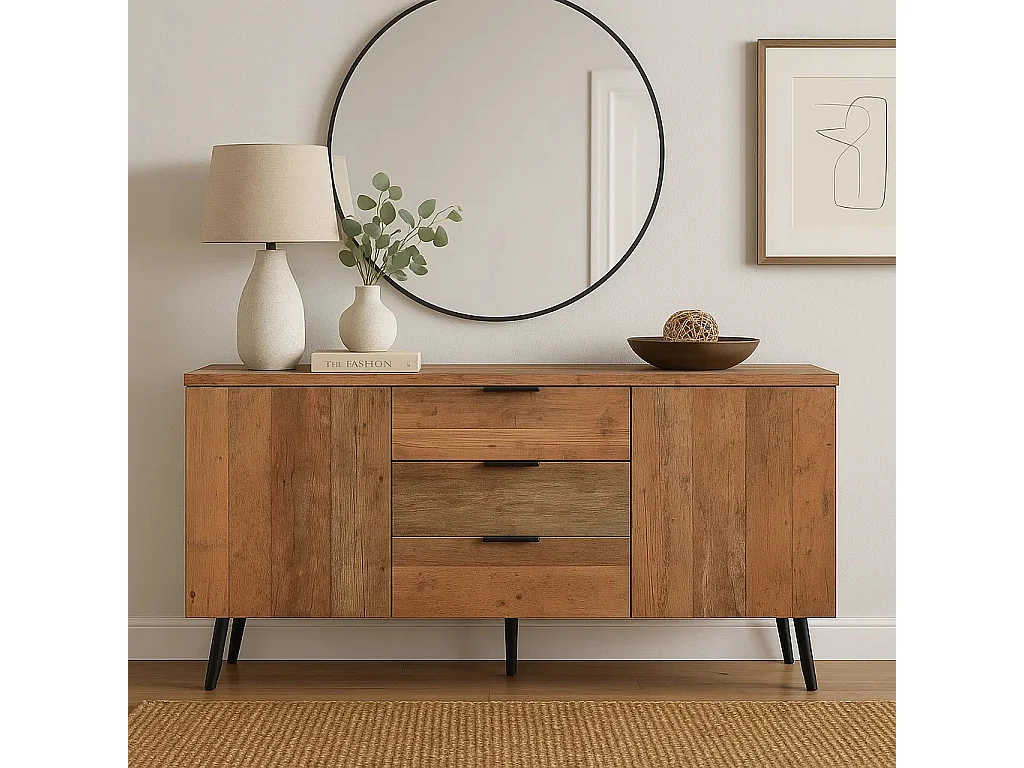 URBAN MEUBLE Buffet effet bois vieilli avec étagères réglables 2 portes 3 tiroirs