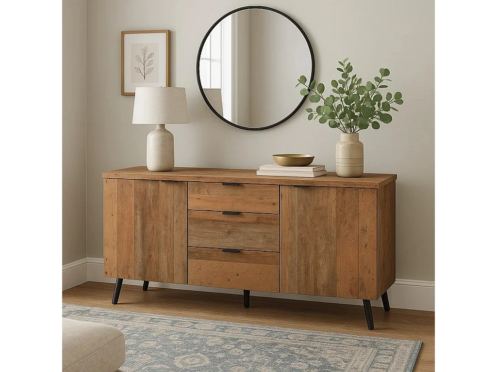 URBAN MEUBLE Buffet effet bois vieilli avec étagères réglables 2 portes 3 tiroirs