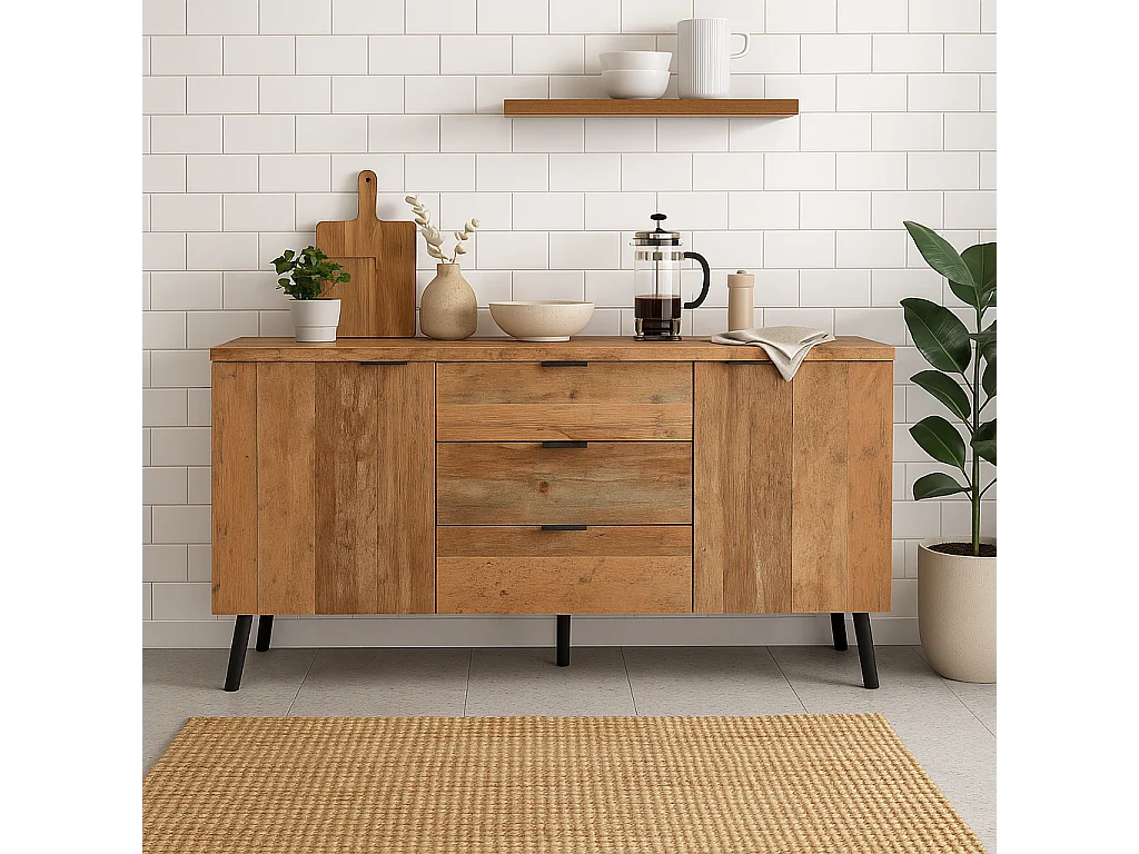 URBAN MEUBLE Buffet effet bois vieilli avec étagères réglables 2 portes 3 tiroirs