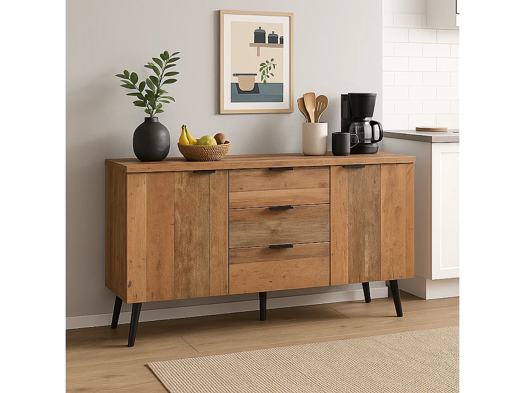 URBAN MEUBLE Buffet effet bois vieilli avec étagères réglables 2 portes 3 tiroirs