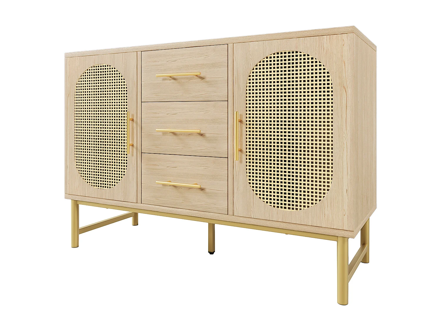 Buffet effet bois chêne en rotin avec 3 tiroirs et 2 portes 120x40x74cm VIGOIH