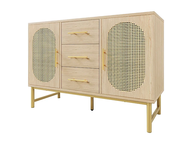 Buffet effet bois chêne en rotin avec 3 tiroirs et 2 portes 120x40x74cm VIGOIH