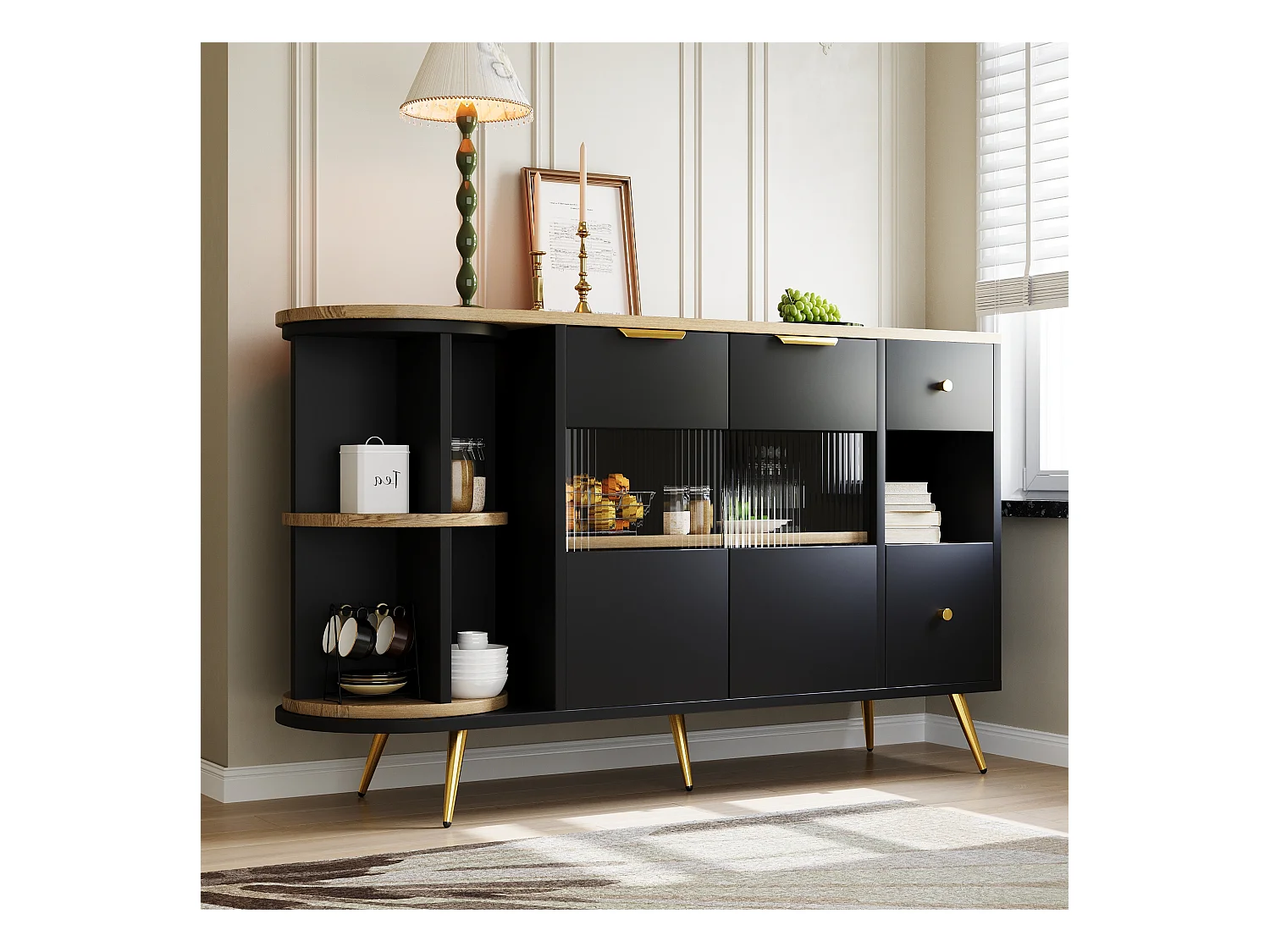 URBAN MEUBLE Buffet armoires de rangement effet bois et noir avec 2 portes battantes en verre éclairage LED poignets et pieds dorés