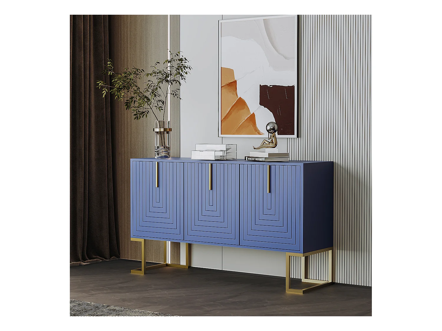 URBAN MEUBLE Commode buffet haut avec 3 portes bleu marine motif de forme U H81/B138/T40