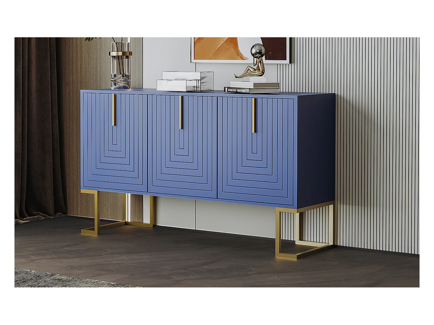 URBAN MEUBLE Commode buffet haut avec 3 portes bleu marine motif de forme U H81/B138/T40