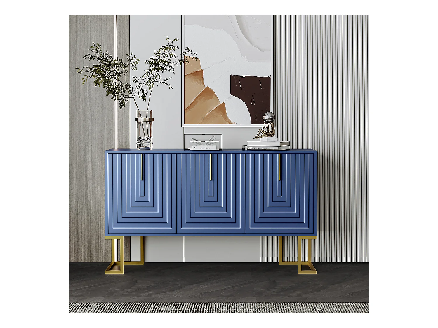 URBAN MEUBLE Commode buffet haut avec 3 portes bleu marine motif de forme U H81/B138/T40