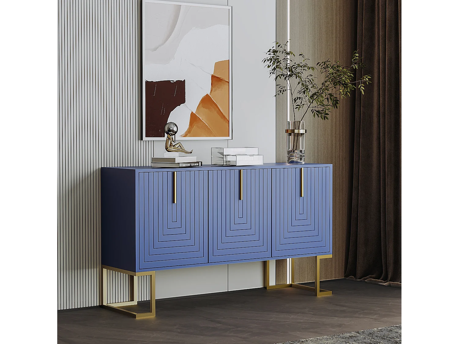 URBAN MEUBLE Commode buffet haut avec 3 portes bleu marine motif de forme U H81/B138/T40