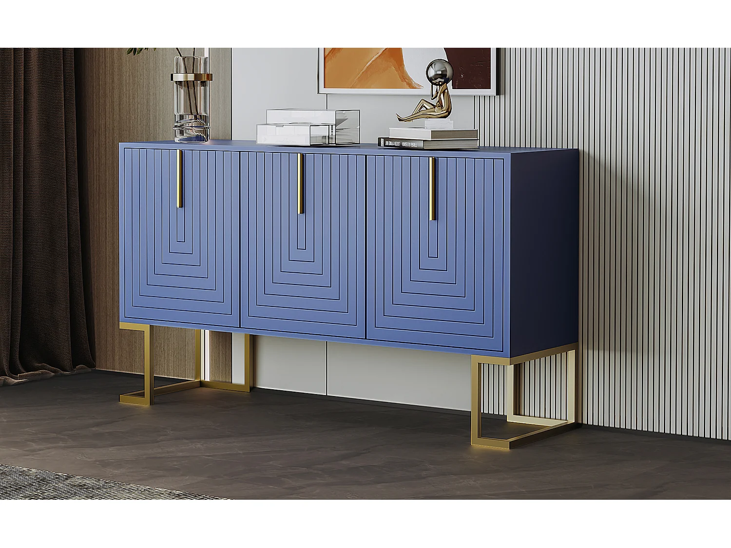URBAN MEUBLE Commode buffet haut avec 3 portes bleu marine motif de forme U H81/B138/T40