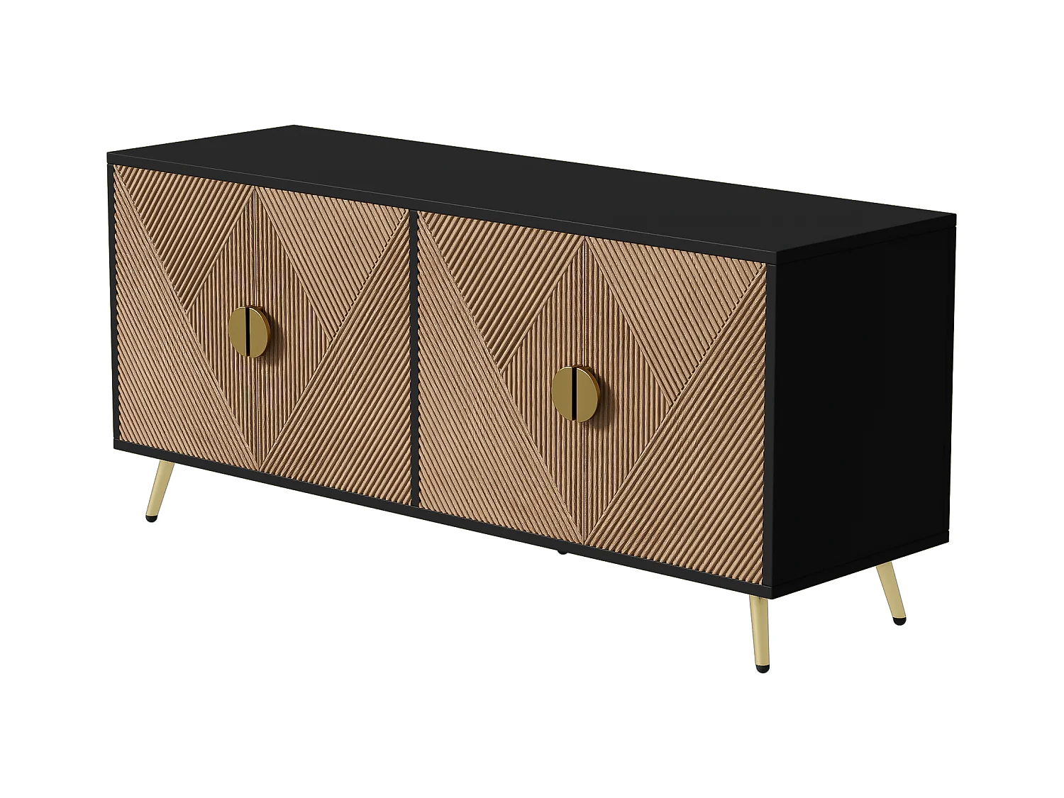 Buffet élégant effet bois brossées et noir 4 portes poignées et pieds dorées 160*40*75 cm VIMIDS