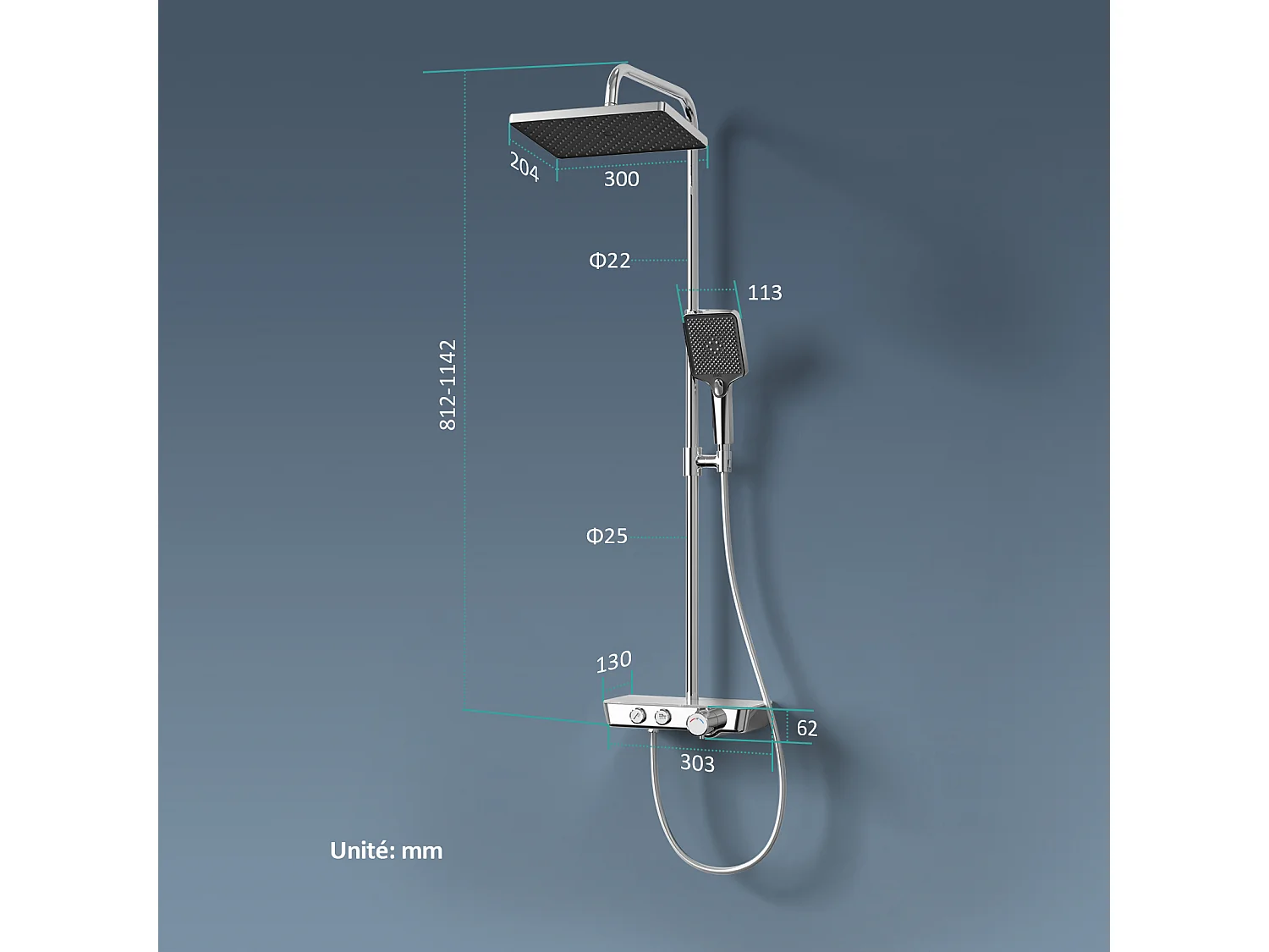 EMKE Colonne de douche thermostat, douchette à 3 puissances de jet, jet cascade, set de douche avec étagère en verre, Certification KTW, Chrome