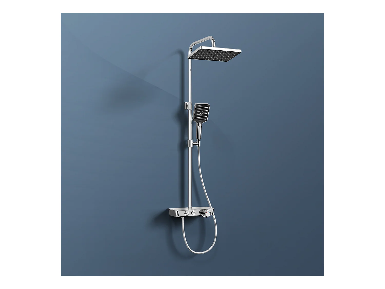 EMKE Colonne de douche thermostat, douchette à 3 puissances de jet, jet cascade, set de douche avec étagère en verre, Certification KTW, Chrome