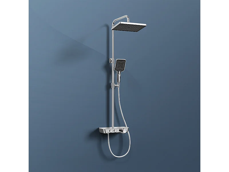 EMKE Duschsäule mit Thermostat, 3-Strahl-Handbrause, Wasserfall-Strahl, Set mit Glasregal, KTW-zertifiziert, Chrom