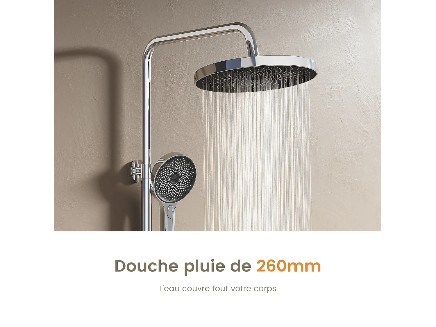 EMKE Thermostatische douchestang Chroom, innovatieve doorstroomregeling, regendouche-effect 26 cm, handdouche met 3 jets