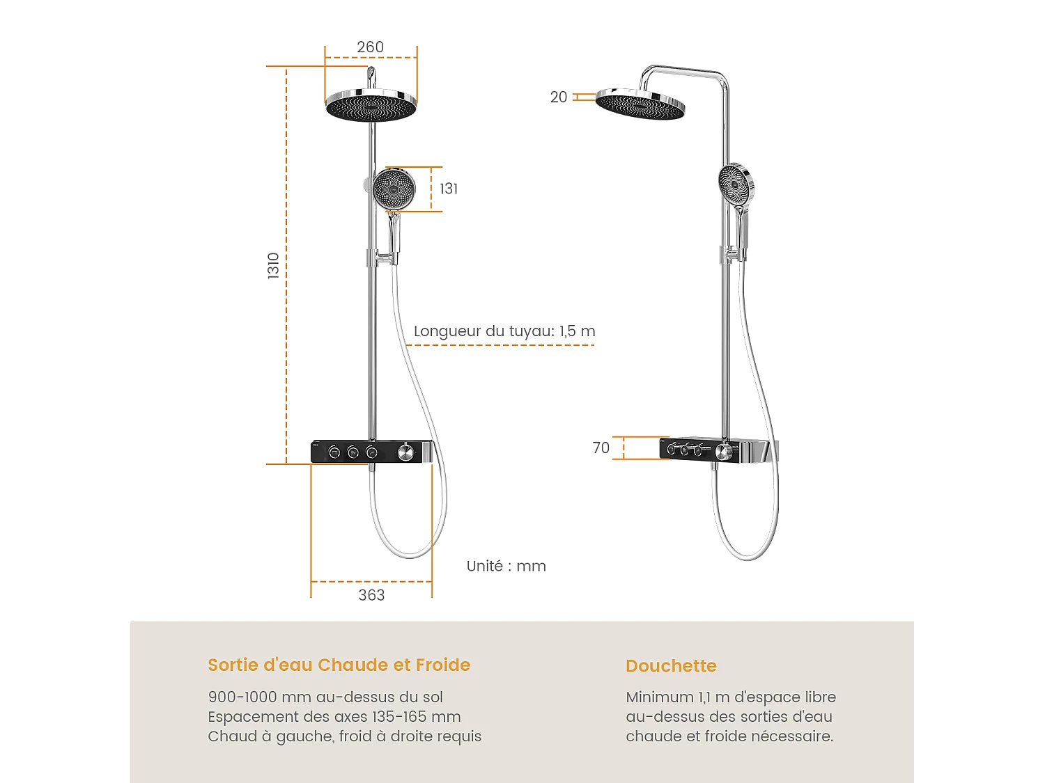 EMKE Thermostatische douchestang Chroom, innovatieve doorstroomregeling, regendouche-effect 26 cm, handdouche met 3 jets