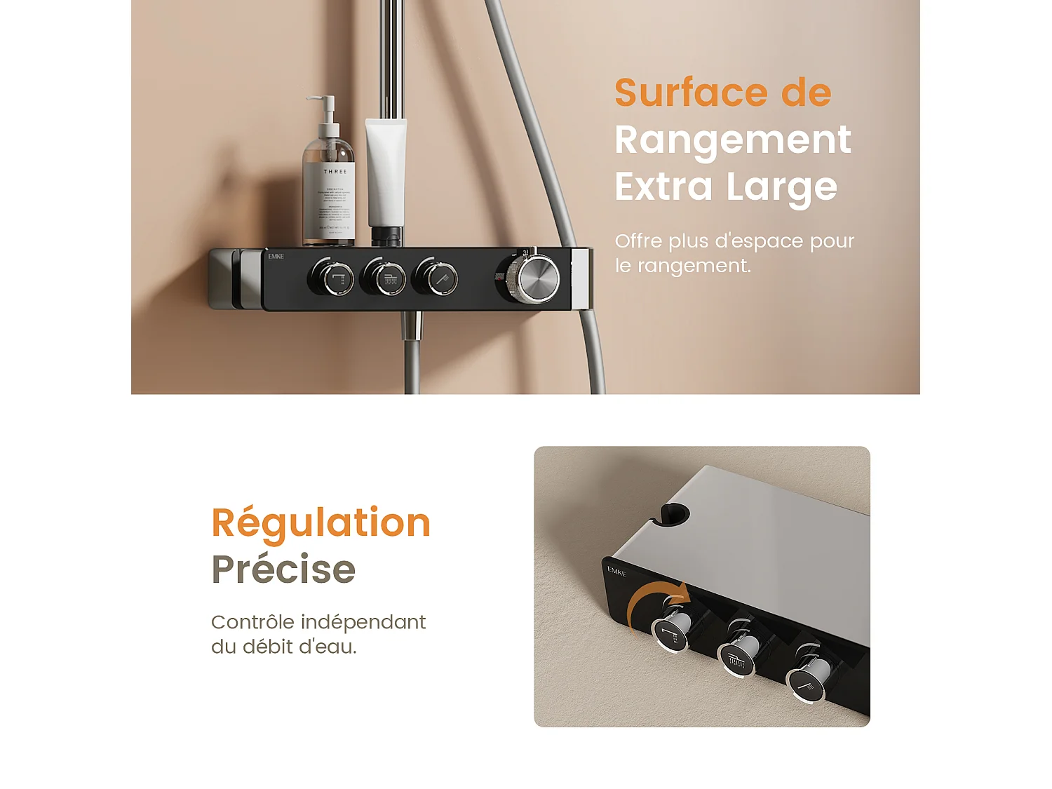 EMKE Thermostatische douchestang Chroom, innovatieve doorstroomregeling, regendouche-effect 26 cm, handdouche met 3 jets