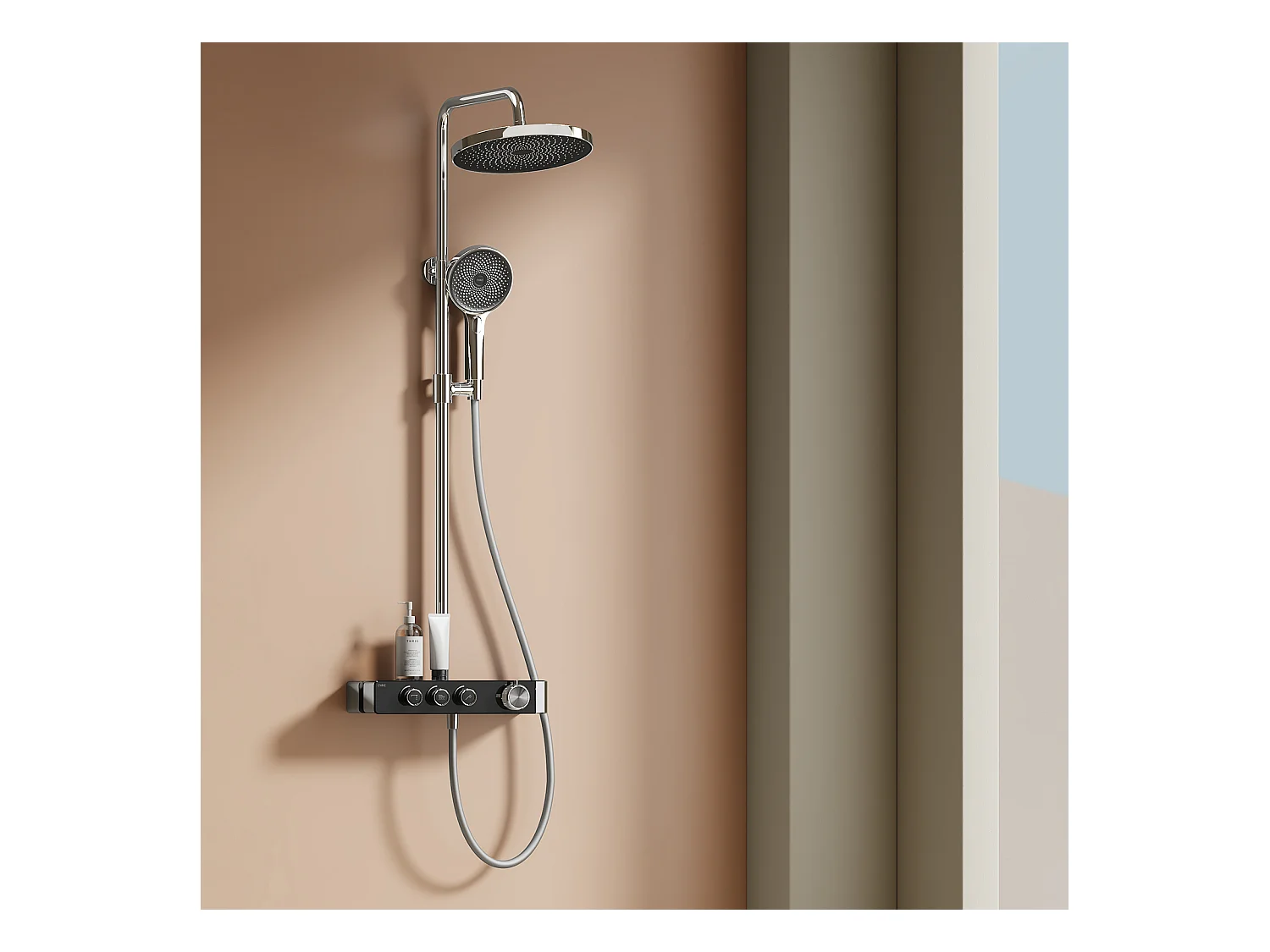 EMKE Colonne de douche Thermostat Chrome, Régulation innovante du débit, douche à effet pluie de 26 cm, douchette à main avec 3 jets Système de douche
