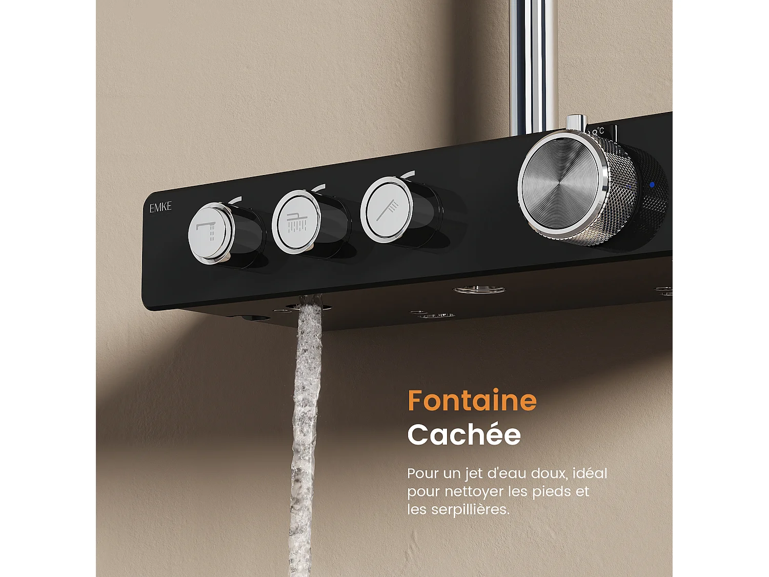 EMKE Colonne de douche Thermostat Chrome, Régulation innovante du débit, douche à effet pluie de 26 cm, douchette à main avec 3 jets Système de douche