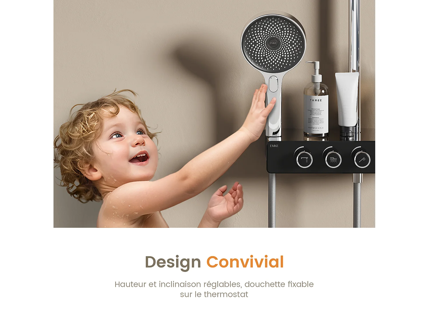 EMKE Colonne de douche Thermostat Chrome, Régulation innovante du débit, douche à effet pluie de 26 cm, douchette à main avec 3 jets Système de douche