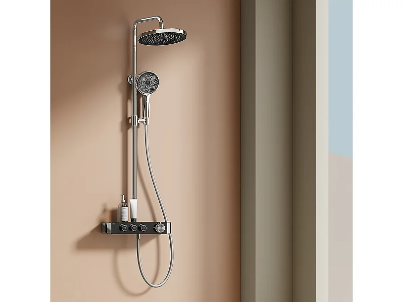 EMKE Thermostat-Duschsäule Chrom, innovative Durchflussregelung, Regenbrauseeffekt 26 cm, Handbrause mit 3 Strahlen